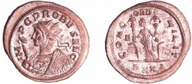 Probus - Aurélianus (281, Ticinum) - La Concorde
A/ IMP C PROBVS AVG. Buste radié à gauche, avec le manteau impérial, tenant un sceptre surmonté d'un...