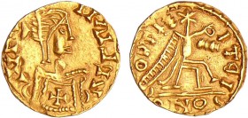 Royaume Wisigoth - Aquitaine - Triens à la Victoire à droite
A/ Buste de l'empereur Justin à droite.
R/ Victoire avec une tête en forme de croix ten...
