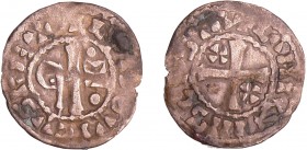 Louis VI (1108-1137) - Denier de Château-Landon - 5ème type
A/ + LVDOVICVS REX. Pal entre une crosse et une croisette accostée de deux besants.
R/ +...