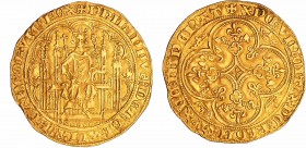 Philippe VI (1328-1350) - Chaise d'or - (17 juillet 1346)
A/ PHILIPVS DEI GRACIA FRANCORVM REX. Le Roi assis dans une stalle gothique.
R/ + XP'C VIN...