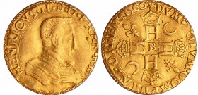 Henri II (1547-1559) - Double Henri d'or - 1560 B (Rouen)
A/ + HENRICVS. II. D. G. F. REX. Buste couronné à droite. 
R/ (soleil) DVM. TOTVM. COMPLEA...