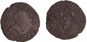 Henri III (1574-1589) - Denier tournois - 1586 C (Saint-Lô)
A/ + HENRI. III. R. DE. FRAN. ET. POL. Buste au col plat à droite, lauré, barbu, moustach...