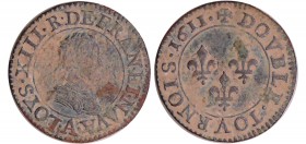 Louis XIII (1610-1643) - Double tournois au buste enfantin et col plat - 1611 A (Paris)
TTB
L4L.33-Ga.5 / 7
Cu ; 3.04 gr ; 21 mm