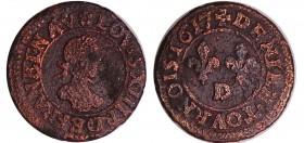 Louis XIII (1610-1643) - Denier tournois au buste enfantin et col plat - 1617 D (Lyon) frappe médaille
TB
L4L.34-Ga.1
Cu ; 2.16 gr ; 17 mm