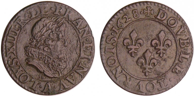 Louis XIII (1610-1643) - Double tournois au buste juvénile et col fraisé - 1628 ...