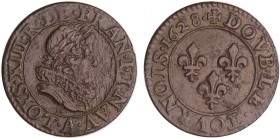 Louis XIII (1610-1643) - Double tournois au buste juvénile et col fraisé - 1628 A (Paris)
TTB
L4L.43-Ga.9a / 9b 
Cu ; 2.93 gr ; 20 mm