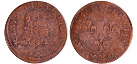 Louis XIII (1610-1643) - Double lorrain au buste viril, tête nue, col plat - 1636 (Stenay)
TB
L4L.52-Ga.13
Cu ; 2.09 gr ; 19 mm