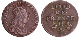 Louis XIV (1643-1715) - Liard de France, 2ème type au buste jeune - 1655 D (Lyon)
TTB
L4L.178-Ga.80
Cu ; 3.82 gr ; 23 mm