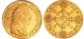 Louis XIV (1643-1715) - Double louis d’or aux 4 L - 1700 A (Paris) flan neuf
RRR TTB
L4L.256-Ga.260
Au ; 13.41 gr ; 30 mm
1700 est la dernière ann...