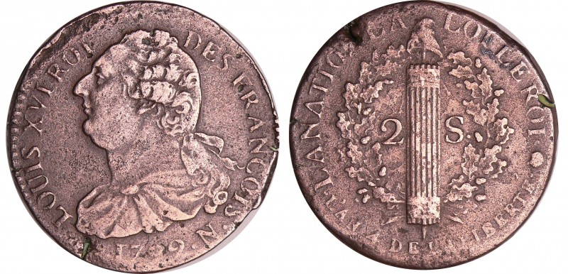 Constitution (1791-1792) - 2 sols au faisceau type FRANCOIS 1792 N (Montpellier)...