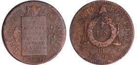 Convention (1792-1795) - Sol à la balance type FRANCOISE - An II - 1793 BB (Strasbourg)
TB+
Ga.19
Cu ; 11.28 gr ; 29 mm