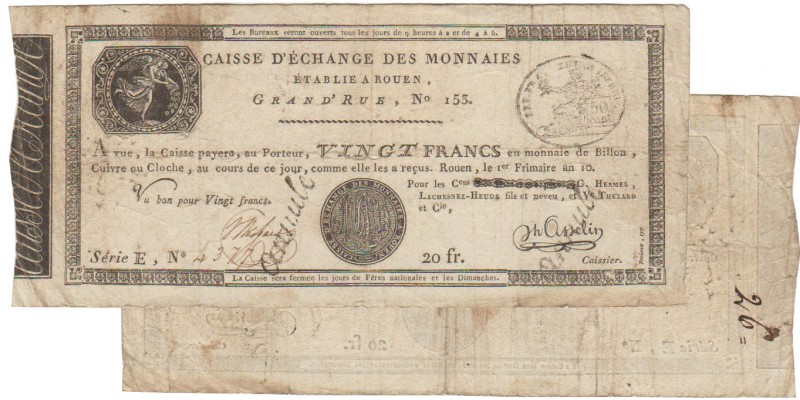 Révolution - Billet - Caisse d'échange de monnaies de Rouen - Vingt francs 1er f...