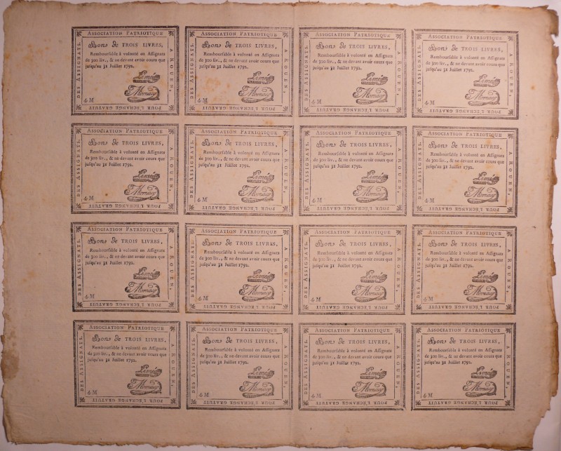 Révolution - Planche de 16 Assignats - Bon de trois livres, Association patrioti...