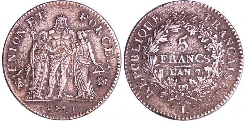 Directoire (1795-1799) - 5 francs Hercule union et force An 4/7 A (Paris)
TTB
...