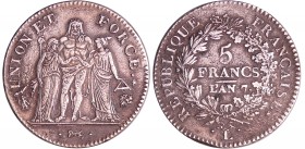Directoire (1795-1799) - 5 francs Hercule union et force An 4/7 A (Paris)
TTB
Ga.563-F.288
Ar ; 24.28 gr ; 37 mm
