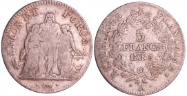 Directoire (1795-1799) - 5 francs Hercule union et force An 5 K (Bordeaux) 5/4
TB+
Ga.563-F.287
Ar ; 24.65 gr ; 37 mm
