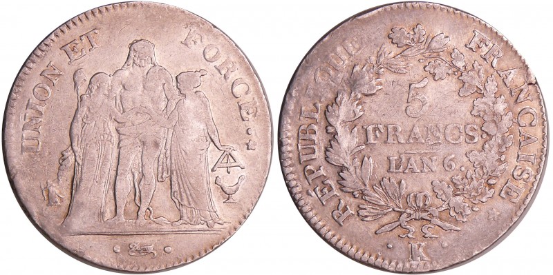 Directoire (1795-1799) - 5 francs Hercule union et force An 6 K (Bordeaux)
TB+...