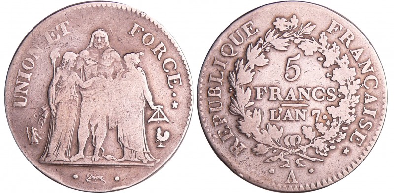 Directoire (1795-1799) - 5 francs Hercule union et force An 7 A (Paris)
TB
Ga....