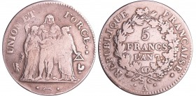 Directoire (1795-1799) - 5 francs Hercule union et force An 7 A (Paris)
TB
Ga.563-F.287
Ar ; 24.56 gr ; 37 mm