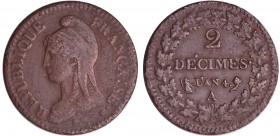 Directoire (1795-1799) - 2 décimes Dupré - An 4 A (Paris)
TTB
Ga.300-F.145
Br ; 18.39 gr ; 31 mm