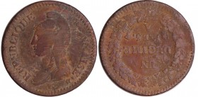Directoire (1795-1799) - 1 décime Dupré - surfrappe du 2 décimes An 5 A (Paris) frappe médaille
TB+
Ga.185-F.128
Br ; 18.56 gr ; 32 mm
Rare fauté ...
