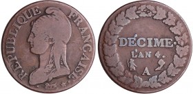 Directoire (1795-1799) - 1 décime Dupré - petit module - An 4 A (Paris)
TB
Ga.184-F.126
Cu ; 10.22 gr ; 22 mm