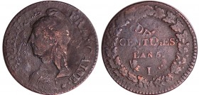 Directoire (1795-1799) - 5 centimes Dupré - surfrappe - AN 5 I (Limoges) / Décime AN 4 I (Limoges)
TB
Ga.125-F.114
Cu ; 9.37 gr ; 28 mm