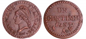 Directoire (1795-1799) - 1 centime Dupré An 7 A (Paris)
SUP
Ga.76-F.100
Br ; 1.67 gr ; 18 mm
Important tréflage des lettres de l'avers.