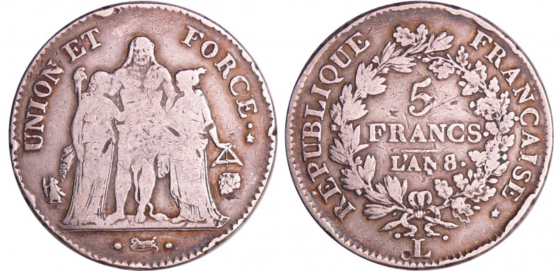 Consulat (1799-1804) - 5 francs Hercule union et force An 8 L (Bayonne) 8/5
TB...