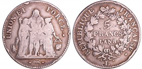 Consulat (1799-1804) - 5 francs Hercule union et force An 8 L (Bayonne) 8/5
TB
Ga.563-F.287
Ar ; 24.30 gr ; 37 mm