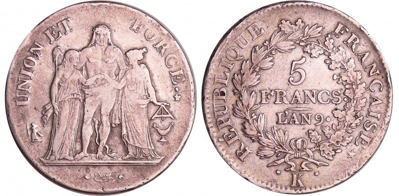 Consulat (1799-1804) - 5 francs Hercule union et force An 9 K (Bordeaux)
TB+
G...