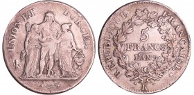 Consulat (1799-1804) - 5 francs Hercule union et force An 9 K (Bordeaux)
TB+
Ga.563-F.287
Ar ; 24.64 gr ; 37 mm