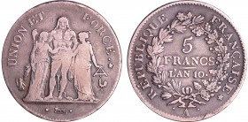 Consulat (1799-1804) - 5 francs Hercule union et force An 10 A (Paris)
TB+
Ga.563-F.287
Ar ; 24.83 gr ; 37 mm