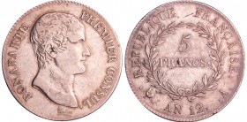 Bonaparte premier consul (1799-1804) - 5 francs An 12 A (Paris)
TTB+
Ga.577-F.301
Ar ; 24.81 gr ; 37 mm
Il est toujours rare de trouver cette monn...