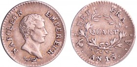 Napoléon 1er (1804-1814) - 1/4 de franc empereur An 13 A (Paris)
TTB+
Ga.346-F.158
Ar ; 1.25 gr ; 15 mm