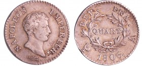 Napoléon 1er (1804-1814) - 1/4 de franc empereur 1806 A (Paris)
TTB
Ga.347-F.159
Ar ; 1.24 gr ; 15 mm