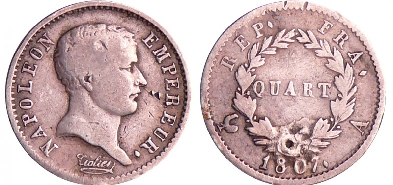 Napoléon 1er (1804-1814) - 1/4 de franc tête de nègre 1807 A (Paris)
TB
Ga.348...