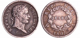 Napoléon 1er (1804-1814) - 1/4 de franc revers république 1807 A (Paris)
TB+
Ga.349-F.161
Ar ; 1.22 gr ; 15 mm