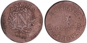 Napoléon 1er (1804-1814) - 5 centimes Siège d'Anvers 1814 tranche cannelée
TB
Ga.129f
Br ; 14.07 gr ; 30 mm
D'après les auteurs du Gadoury 5 exemp...
