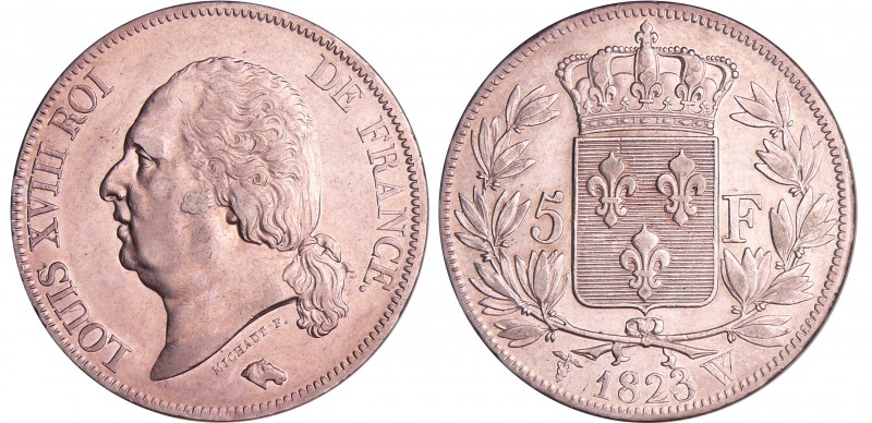 Louis XVIII (1815-1824) - 5 francs au buste nu 1823 W (Lille)
TTB+
Ga.614-F.30...