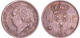 Louis XVIII (1815-1824) - 1/4 de franc buste nu 1817 A (Paris)
SUP
Ga.352-F.163
Ar ; 1.27 gr ; 15 mm