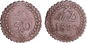 Louis XVIII (1815-1824) - Mines d'Aniche - 30 sous 1820
A/ M. D. / 1820 dans une couronne de feuillage ; marteau et pic en sautoir.
R/ 30 / . S dans...