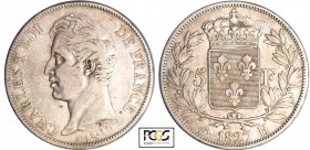 Charles X (1824-1830) - 5 francs 2ème type 1827 H (La Rochelle)
PCGS XF 40
Ga.644-F.311
Ar ; 25.05 gr ; 37 mm
PCGS #31755692.