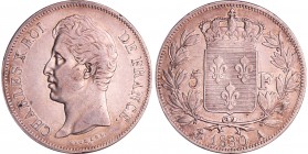 Charles X (1824-1830) - 5 francs 2ème type tranche en relief 1830 A (Paris)
TTB+
Ga.644a-F.312
Ar ; 24.94 gr ; 37 mm