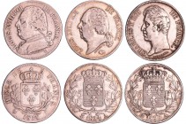 Louis XVIII (1815-1824) et Charles X (1824-1830) - 3 monnaies de 5 francs
1814 L ; 1824 A ; 1829 A
TB à TTB
--
Ar ; -- ; --