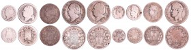 Louis XVIII (1815-1824) et Charles X (1824-1830) - Lot de 9 monnaies en argent
50 cent = 1823 Q ; 1 franc = 1824 W, 1822 A ; 2 francs = 1822 A, 1824 ...