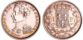 Henri V comte de Chambord (1820-1883) - 1 franc 1831
SUP+
Maz.911-Ga.451-VG.2705
Ar ; 4.91 gr ; 23 mm