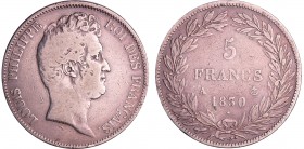 Louis-Philippe Ier (1830-1848) - 5 francs tête nue sans le I tranche en relief 1830 A (Paris)
TB
Ga.675a-F.314
Ar ; 24.62 gr ; 37 mm
