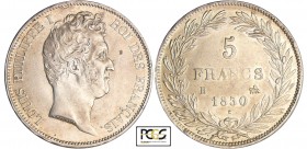 Louis-Philippe Ier (1830-1848) - 5 francs tête nue tranche en creux 1830 B (Rouen)
PCGS AU 55
Ga.676-F.315
Ar ; 25.04 gr ; 37 mm
PCGS #31758893