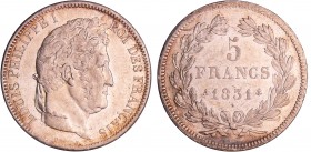Louis-Philippe Ier (1830-1848) - 5 francs tête laurée 1er type tranche en relief 1831 A (Paris)
SUP+
Ga.677a-F.320
Ar ; 24.90 gr ; 37 mm